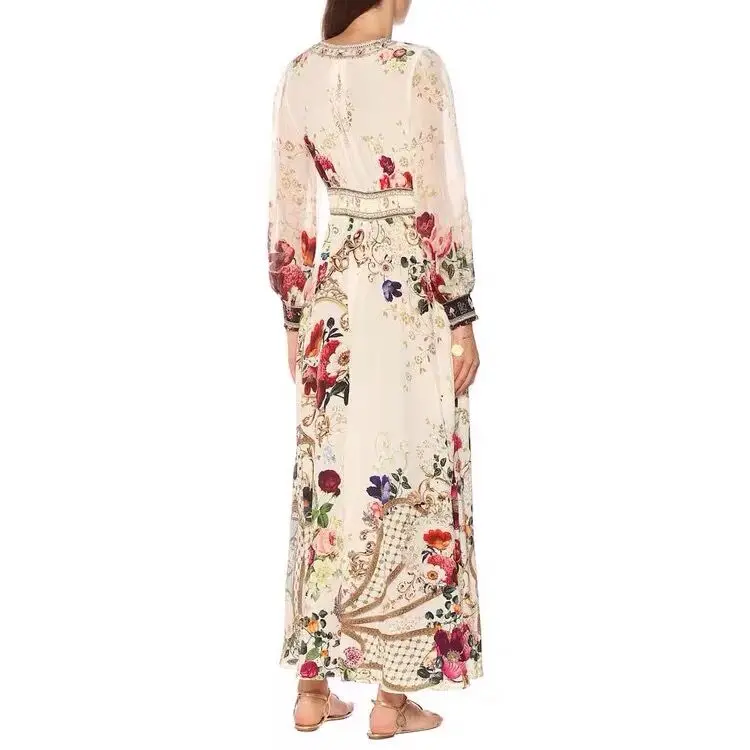 

Vintage Dress Long V-Neck Low Bosom Beach Style Dress Women Fashion Top Quality Holiday Dresses