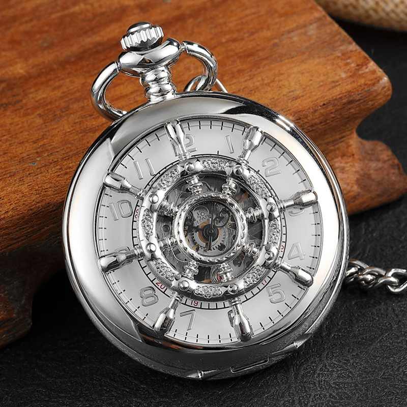 

Vintage Roman Number Rudder Design Mechanical Pocket Watch Men Unique Double Sided Steampunk Bronze Pocket Watch With Chain Gift