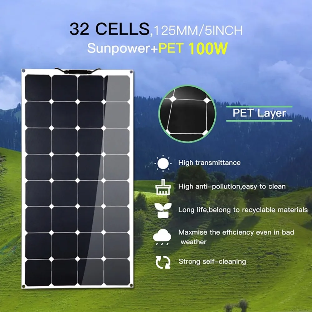 Горячая водонепроницаемый 50 Вт 80 Вт 100 Вт Sunpower Гибкая солнечная панель 100 Вт солнечная панель 1 шт