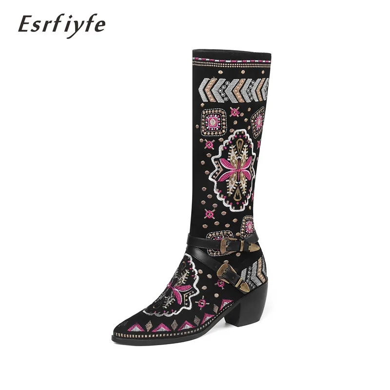 

ESRFIYFE 2020 New Print Leather Winter Boots Womens Knee High Boots Pointed Toe Block High Heels Long Boots Black Boots Shoes