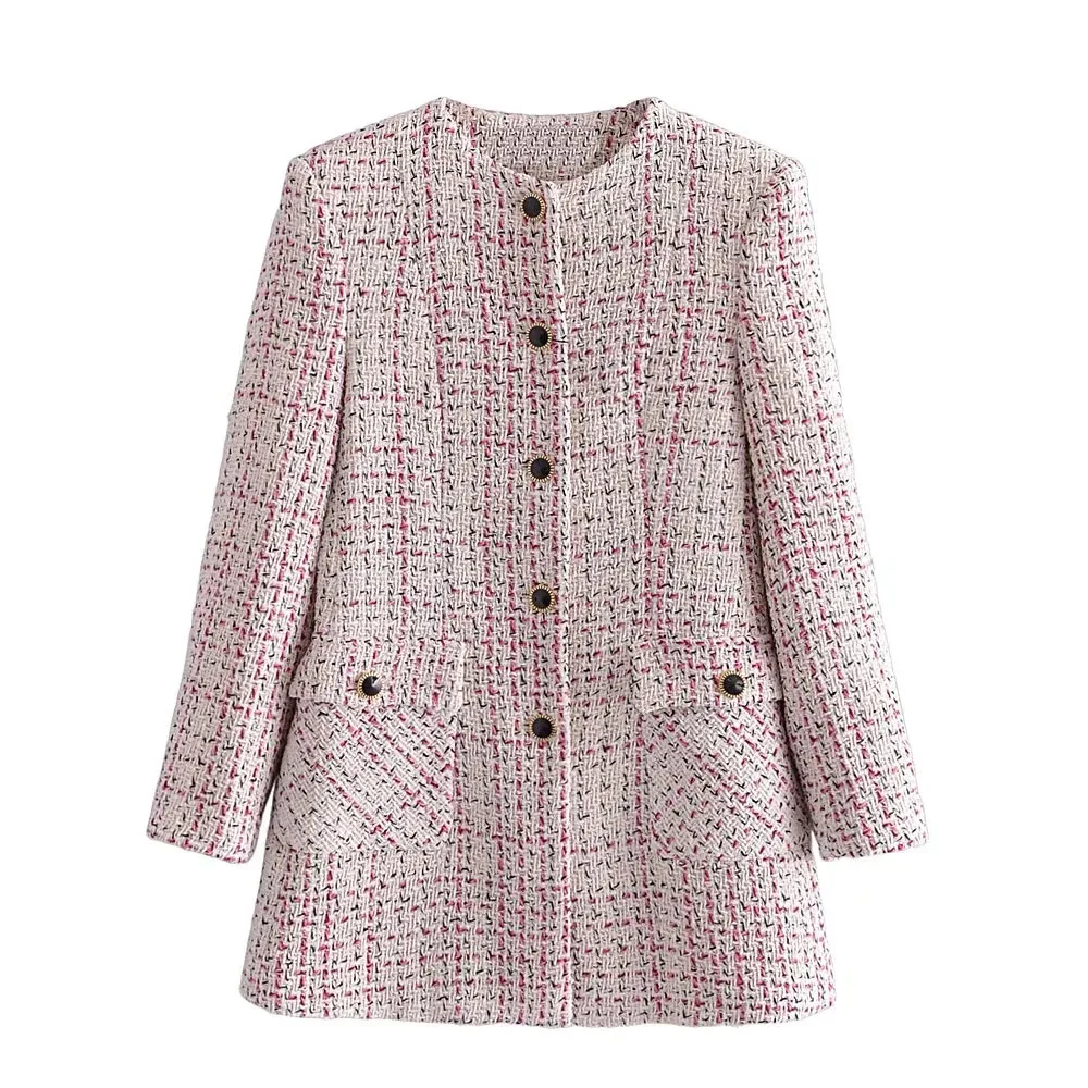 

BBWM 2021 Tweed Plaid Women Vintage Long Sleeve Slim Office Lady Blazer Female Single-breasted Round Neck Suit Chic Top