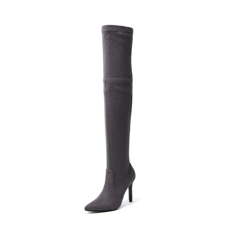 grey flock BONJOMARISA/Новые Сапоги выше колена с острым носком, размеры 34-43 пикантные женские сапоги до бедра г. Женская обувь на высоком каблуке для свиданий - Цвет: grey flock