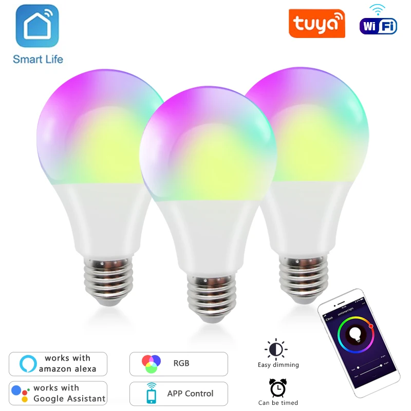 TUYA Smart Life Light Bulb 12w 15w Muticolor WIFI Control Light E27 RGB LED Bulb Dimmable Alexa Compatible APP Google Home Light
