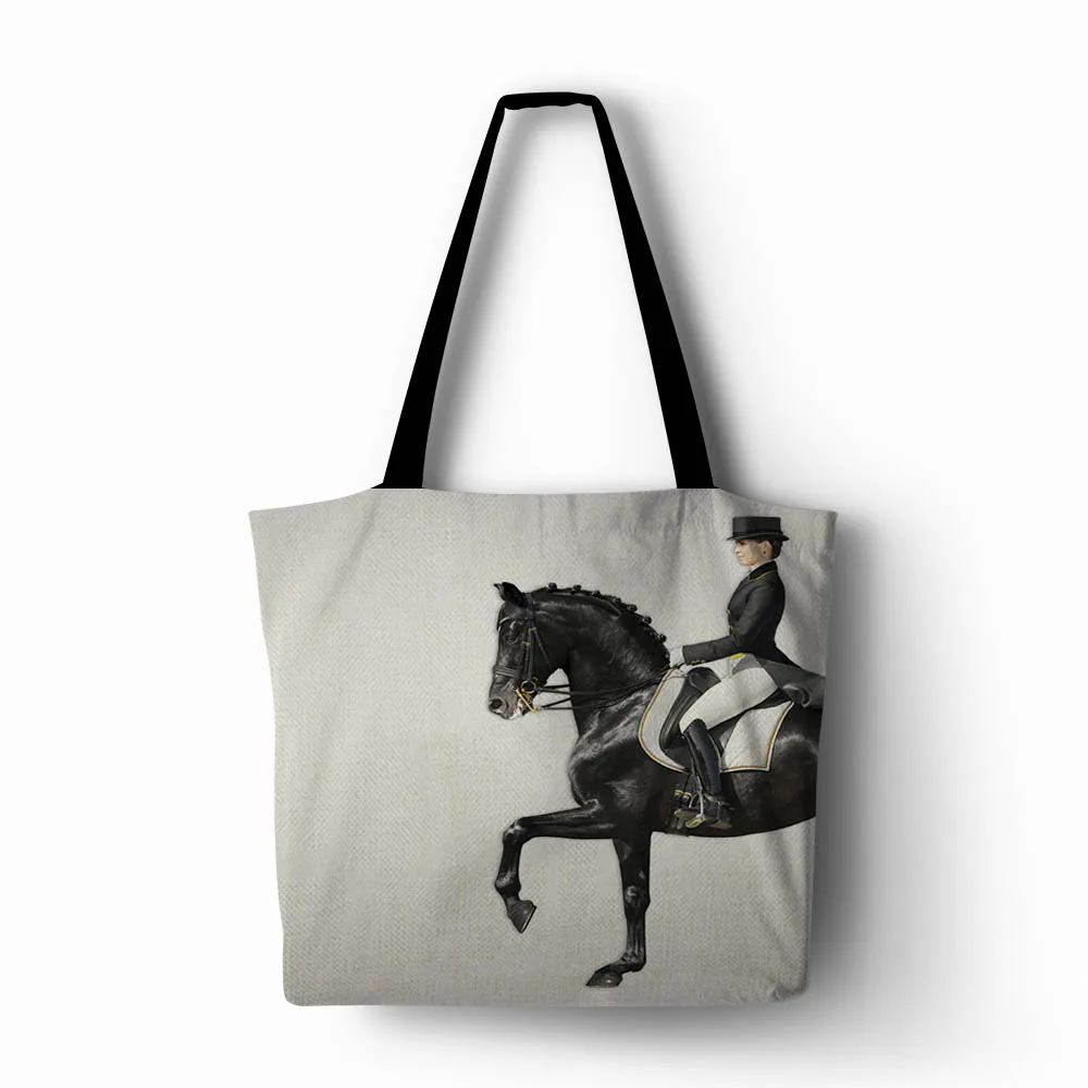 Женская сумка для покупок из льна и полиэстера лошадь с принтом обеих сторон 2