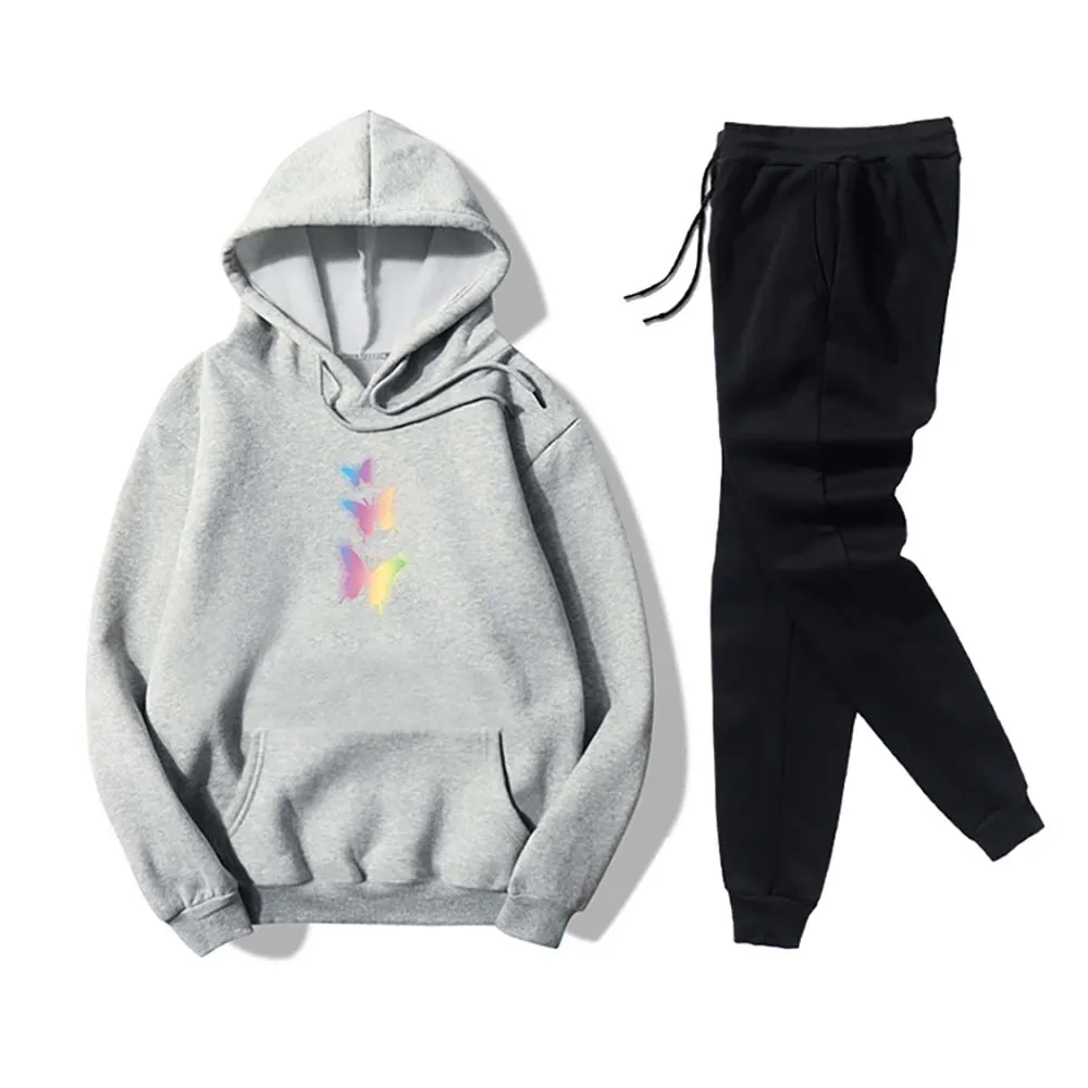 

Женские комплекты с принтом бабочек, толстовка с капюшоном и черные длинные брюки, комплекты тренировочного костюма, Женская Спортивная од...