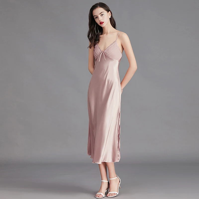 

Top Elegant Lace Ice Silk Solid Black Long Women Slip Night Dress S311