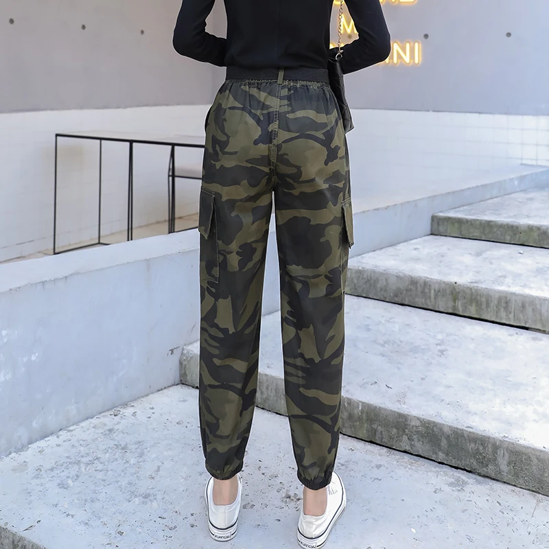 Женские студенческие Длинные свободные камуфляжные брюки с высокой талией