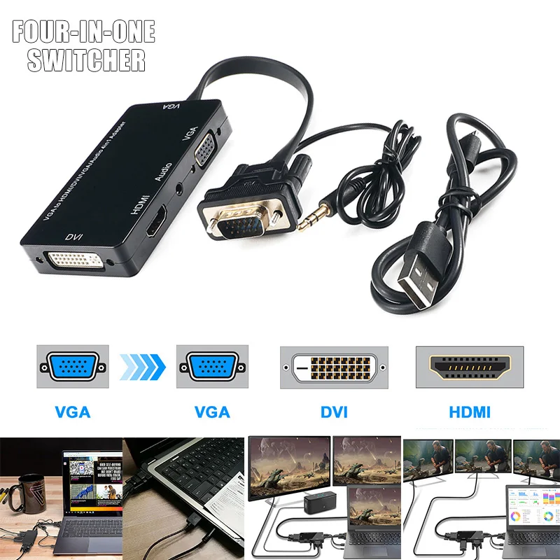 4-в-1 VGA к HDMI DVI переходник аудио Выход конвертер для настольных ПК @ JH |