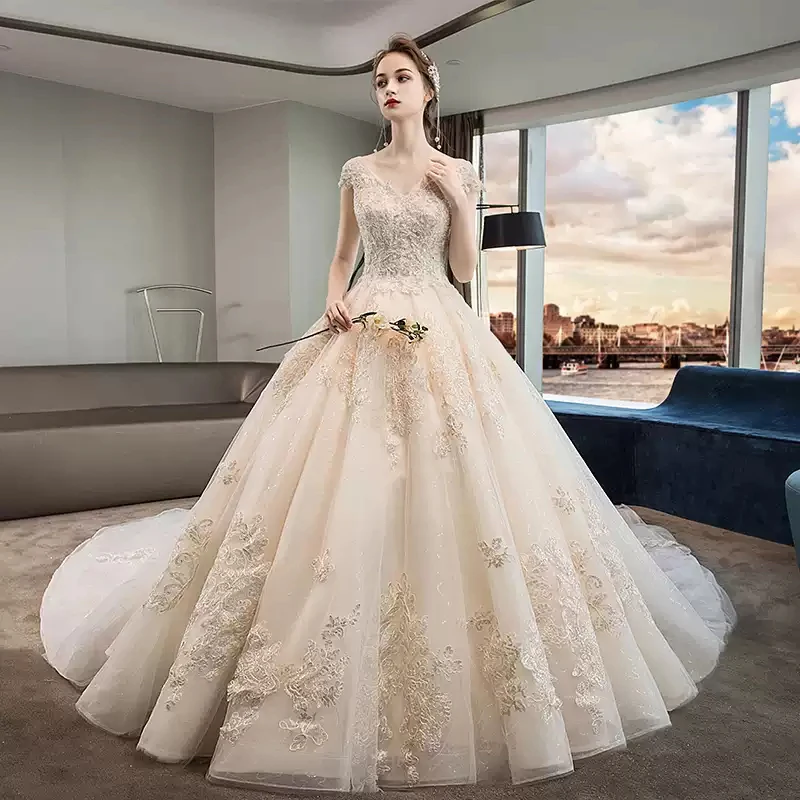 

Wedding Dresses Illusion V-Neck Short Sequined Beading Embroidery Backless Tulle Lace Luxury Champagne Women Bridal Gown GB471