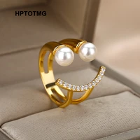 vintage smiling face imitation pearl open rings for women men gothic punk wedding rings 2021 trend fine jewelry party gifts