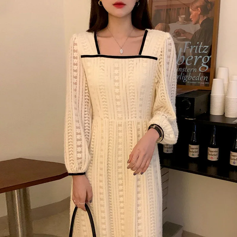 

French Retro Square Collar Contrast Lace Waist Puff Sleeve Dress 2021 Autumn New One-Piece Ladies A-Line Dress Midi Casual Dress