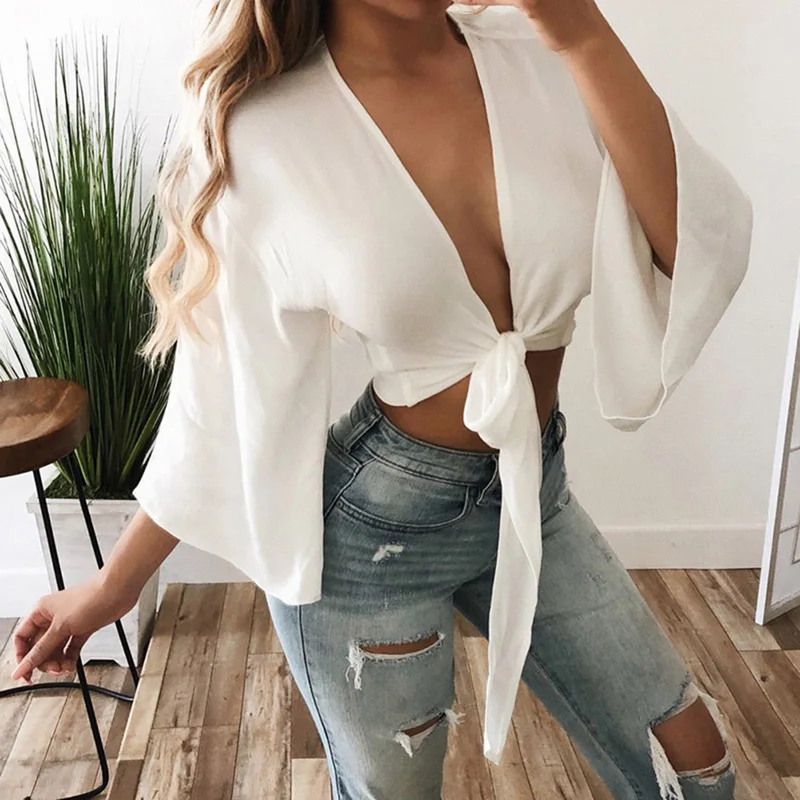 Модный летний осенний укороченный топ Одноцветный сексуальный глубокий v