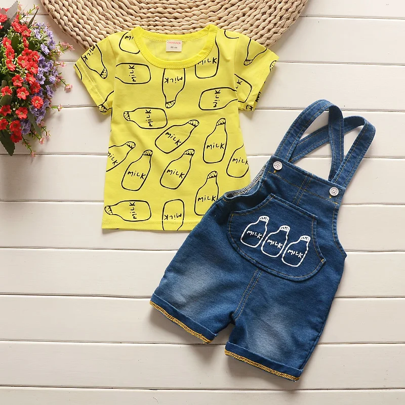 Kids Boys Summer Clothing Set Baby Fashion Cotton T-shirt+denim Bib Shorts 2pcs Infant Outfits For Toddler Tracksuit |