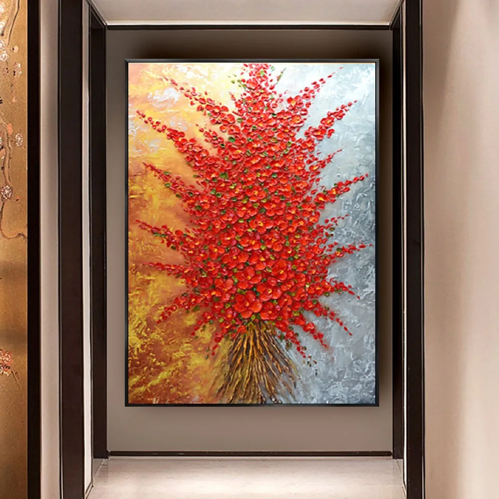 

100% Hand-painted oil painting abstract knife painting flowers red flowers canvas painting modern home decor painting wall art