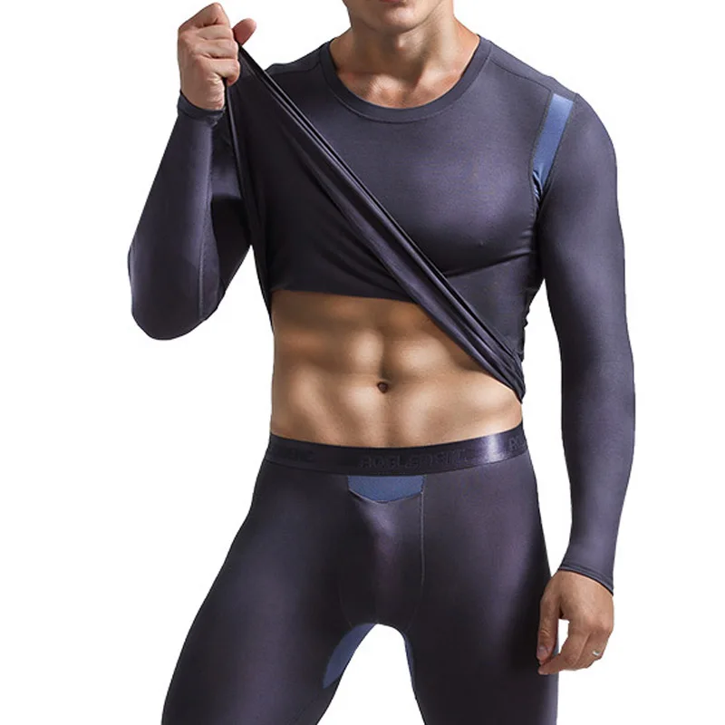 Men Autumn Winter Long Johns Men Thermal Underwear Set Man Sexy Ice Silk Mesh Hollow Penis Pocket Leggings+Tops Suit Male Lounge