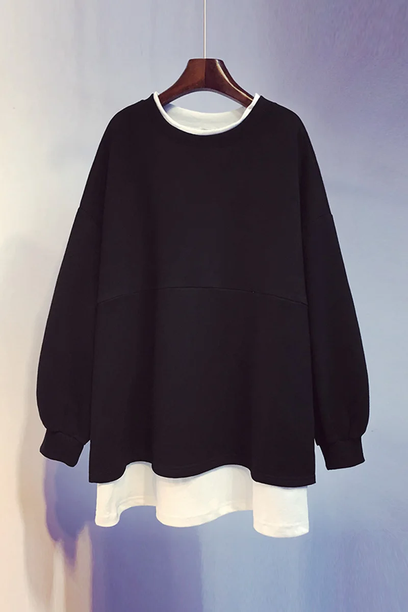 

Korean New Winter Round Neck Fake Two-piece Plus Velvet Sweatshirt Women's Loose Thick Fleece Hoodie Coat Long Sleeve Pullovers