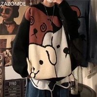 zazomde harajuku cartoon bear vintage sweater men winter warm thick knitted pullovers 2021 couples sweater hip hop clothing men