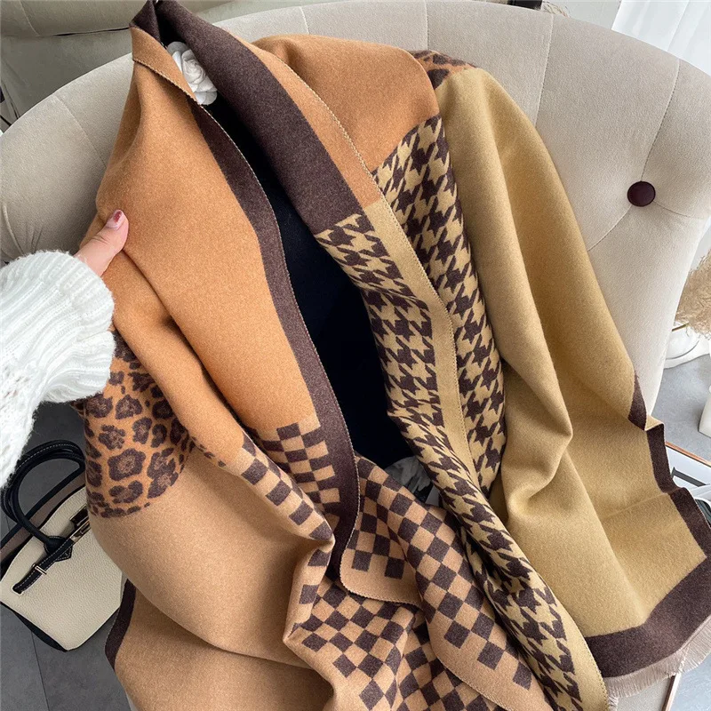

Plaid And Leopard Print Cashmere Scarf For Women Winter Double-sided Shawl Pashmina Female Snood Tassel Scarves Thick Blanket