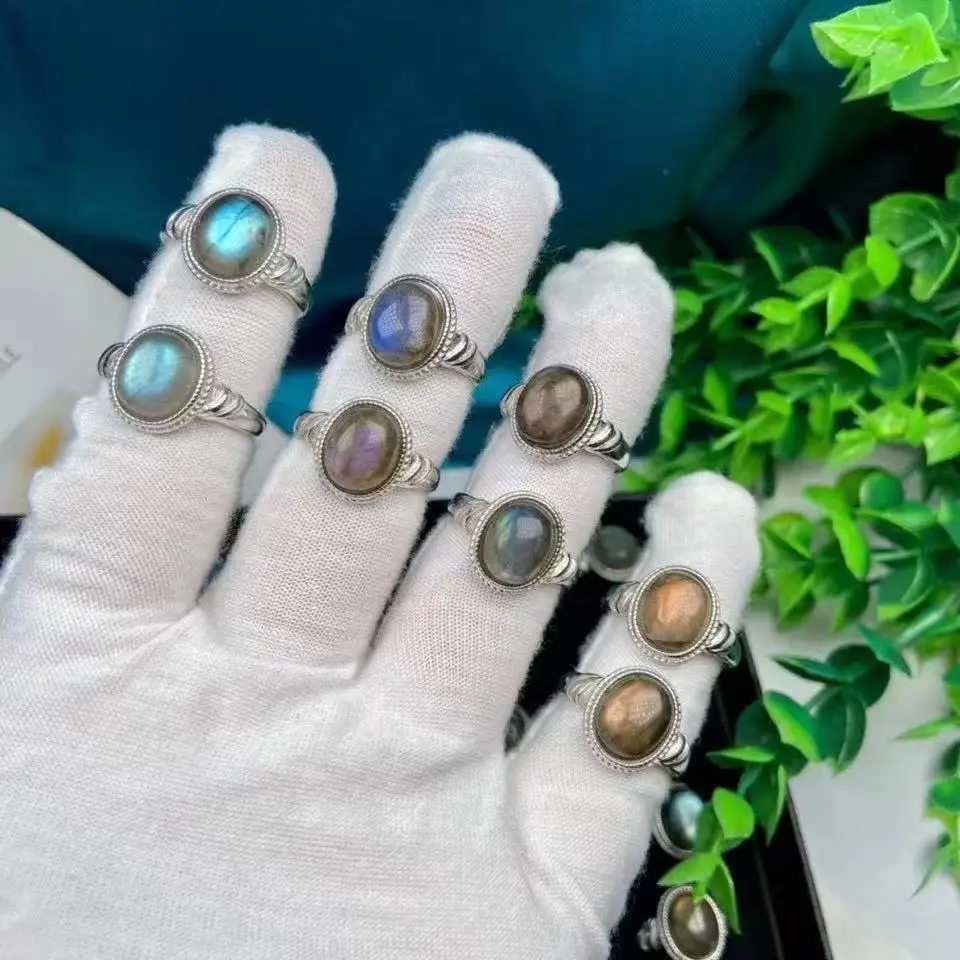 

Genuine natural stone labradorite moonstone ring for women Classic natural gemstone adjustable ring Party wedding jewelry gift