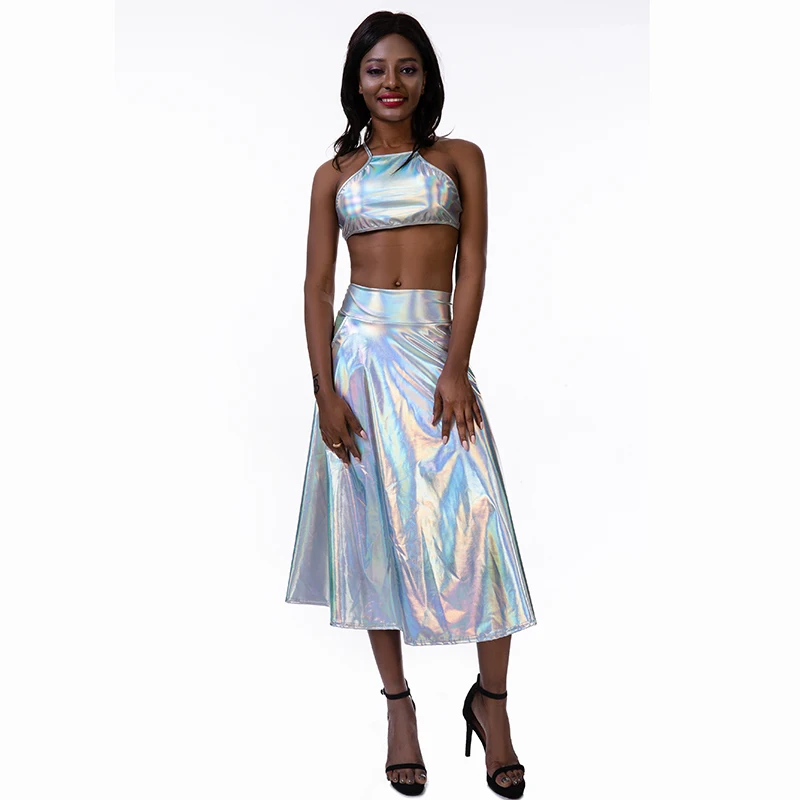 Женская Блестящая голографическая юбка средней длины вечерние завышенной