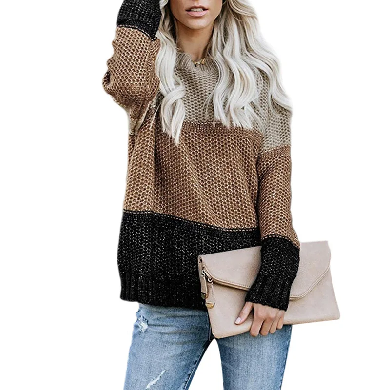 Women's Sweater Loose Knitting O-neck sweater Patchwork Ladies Tops 2019 Autumn Winter Casual Sweaters Pullovers striped color | Женская