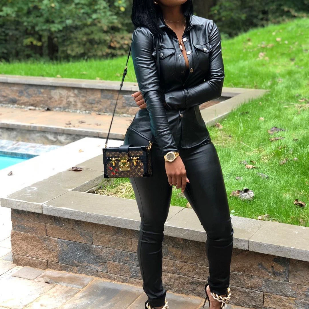 Комплект из двух предметов женский экокожи пикантный однобортный Топ с длинным