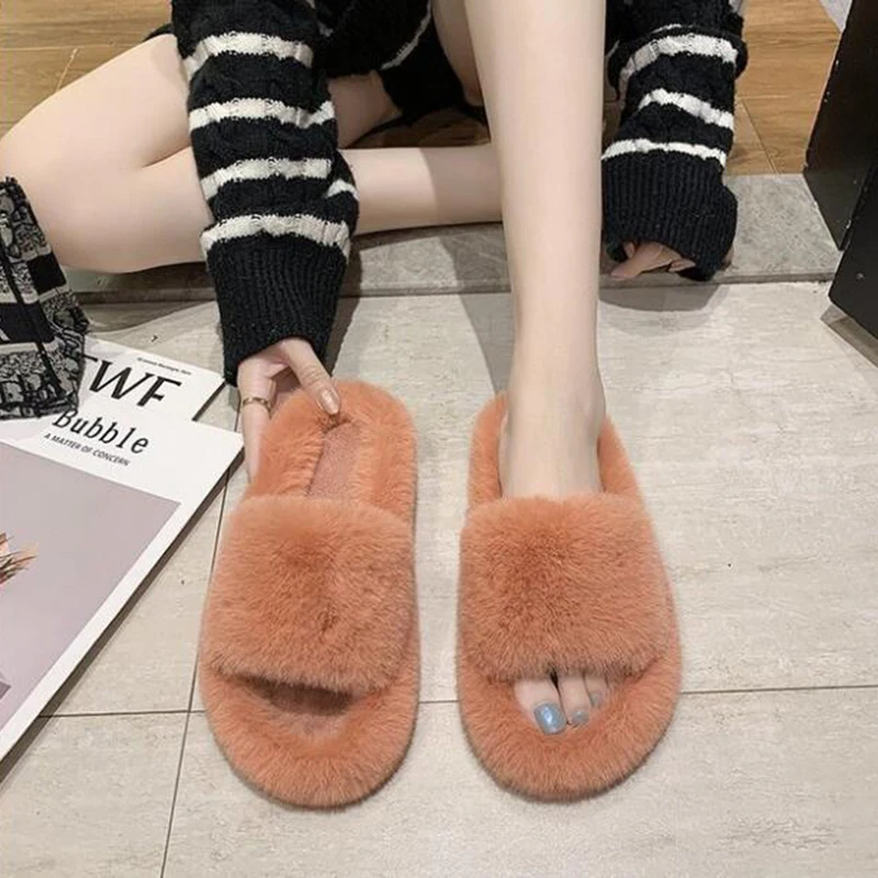 

Fluffy Home Slippers Women Faux Fur Slippers Cozy Furry Slides Open Toe Slip on Soft Slippers House Floor Plush Warm Shoes q8