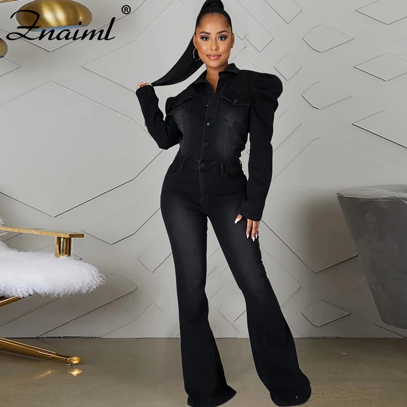 

Znaiml Spring Women Skinny Slim Jumpsuit Full Puff Sleeve Denim Flare Jeans Rompers Ssingle-Breasted Overall Romper Streetwear