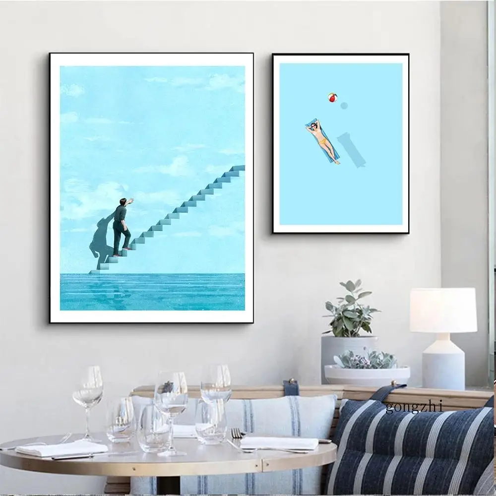 Blue Dream Ladder Float Under The Sun Nordic Art Canvas Painting Posters and Prints Wall Pictures for Living Room Home Decor