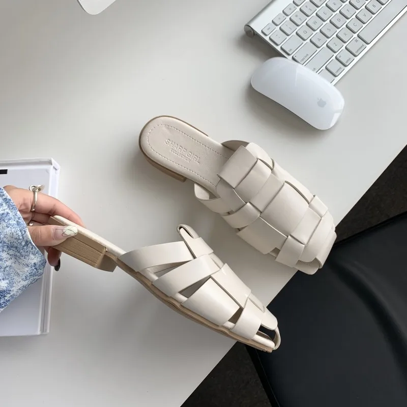 

Female Shoes Slippers Casual Low Cover Toe Slides 2021 Luxury Flat Soft Basic PU Hoof Heels Rome Rubber Fashion Leisure Fabric