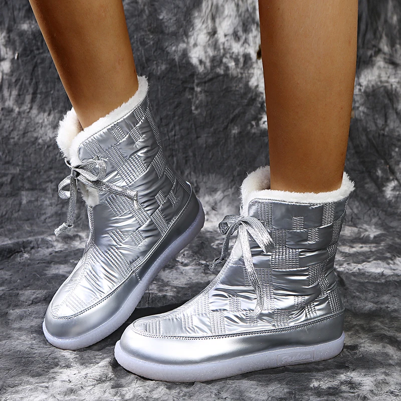 

2020 Brand Winter Boots Silver Women Snow Boots Lady Warm Shoes Girl Fashion Nice Looking Round Toe Cross-tied Zapatos De Mujer