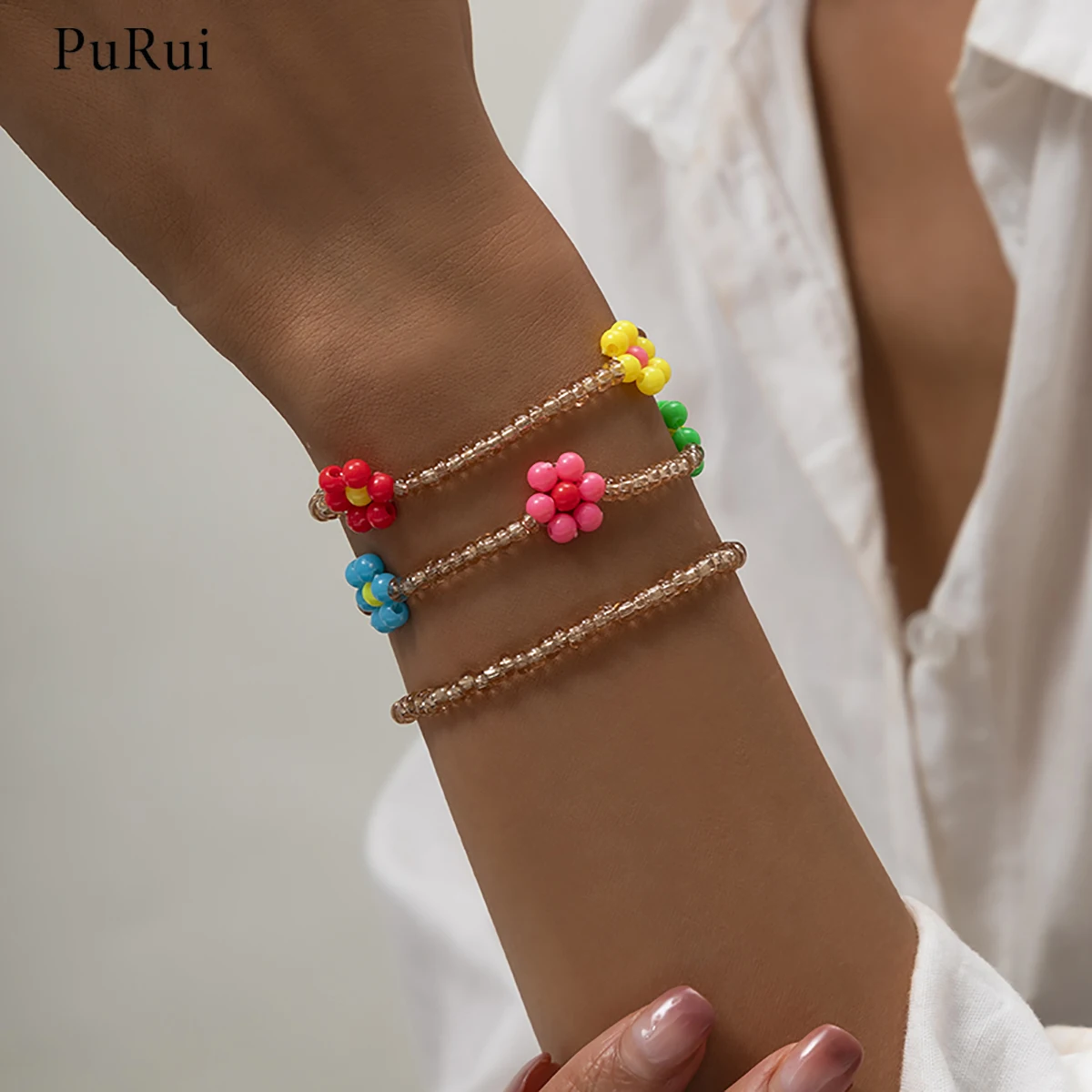 

PuRui Bohemia Colorful Flower Bracelet for Women Girls Layered Small Beads Hand Chains Charms Jewelry Bracelets 2021 Trendy Gift