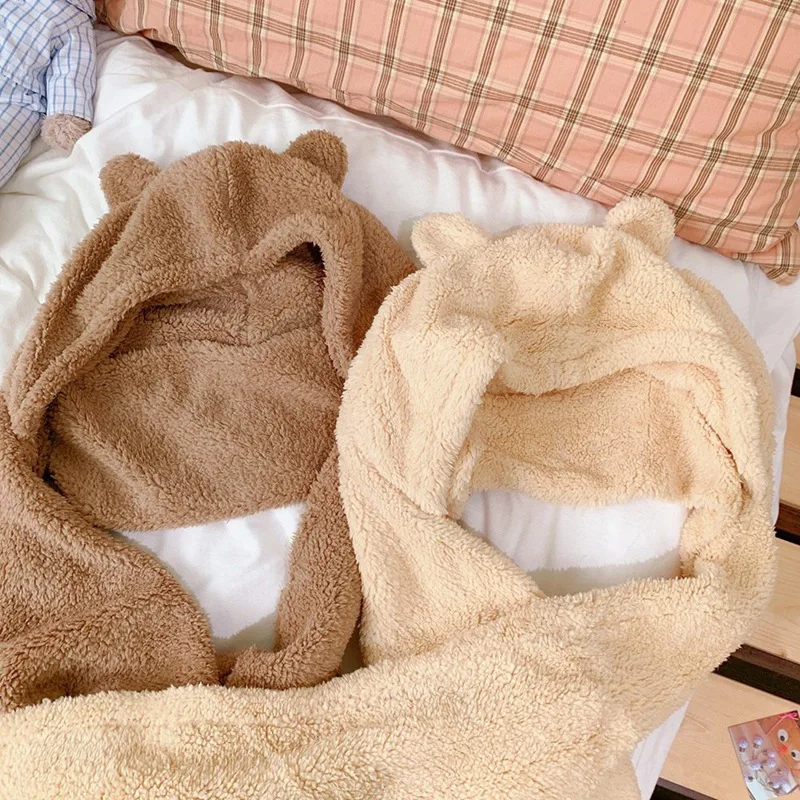 

Winter Warm Hat Hooded Scarf Cute Bear Ears Headgear Scarf One Unisex