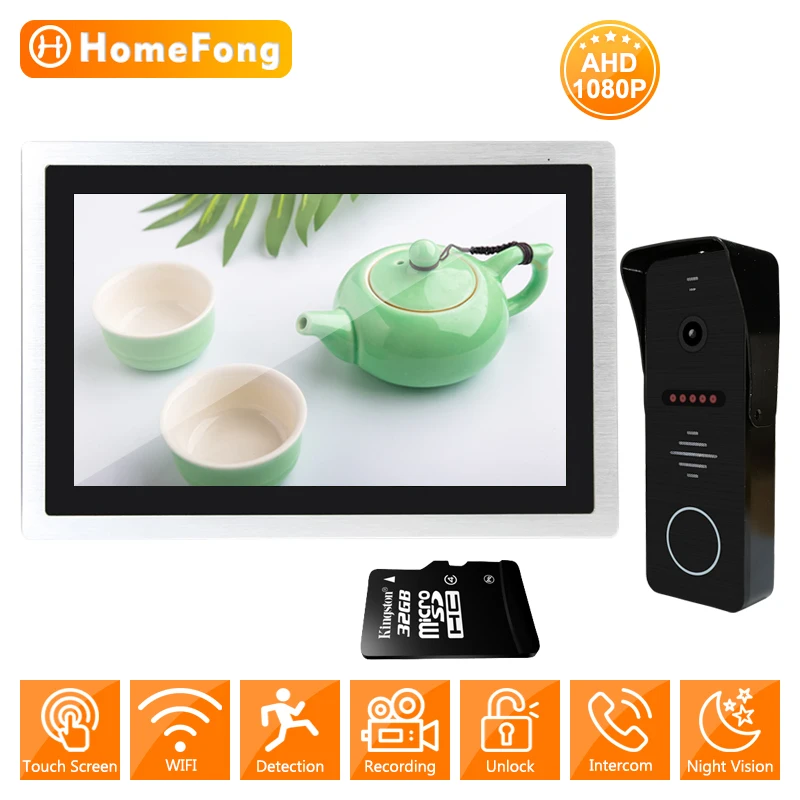 

HomeFong 10-дюймовый экран AHD 1080P WIFI Визуальный дверной звонок Мониторинг запись с SD-картой семейная система безопасности видео домофон