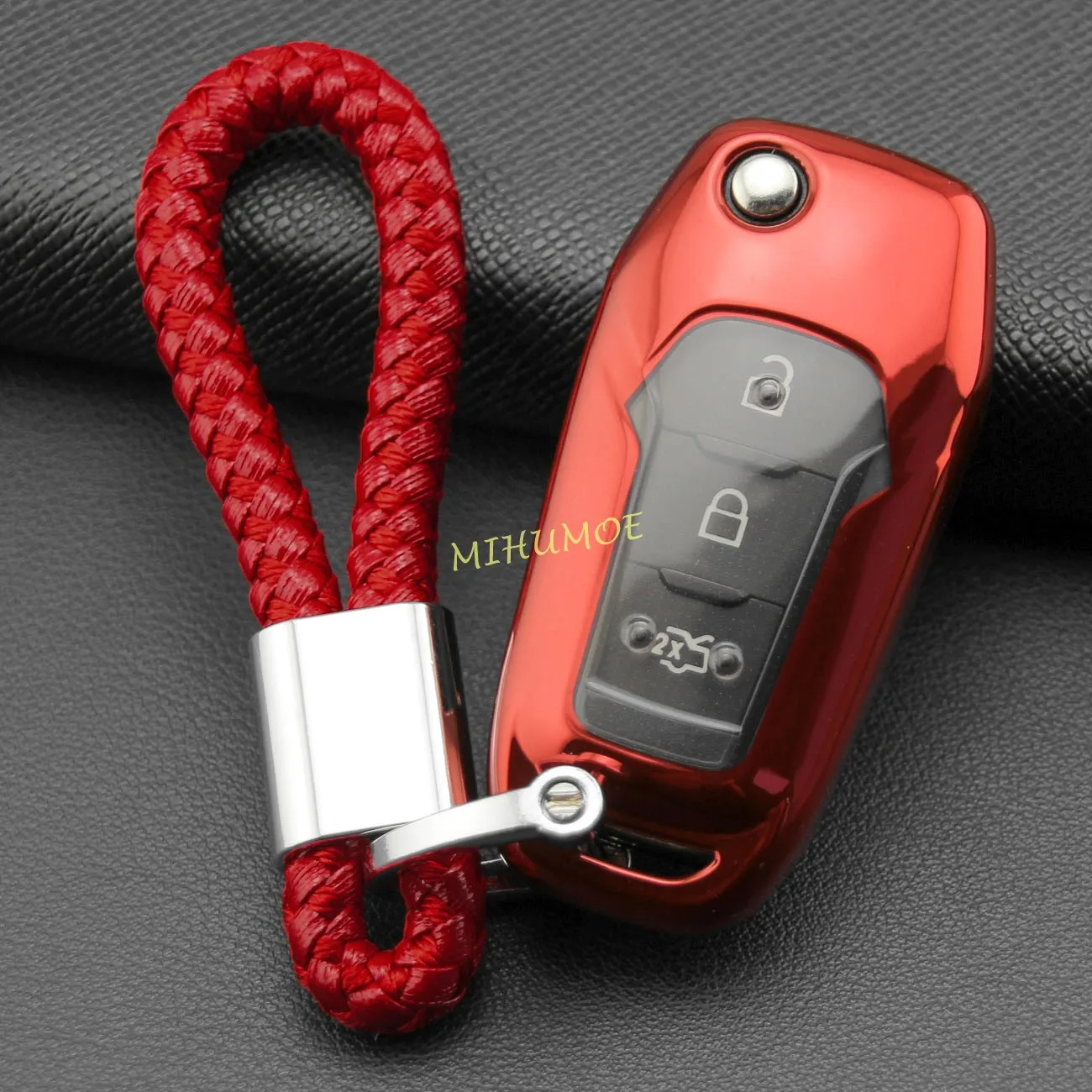 

Flip Car Key Fob Cover Case Chain Ring For Ford Mondeo Ecosport F-150 F-250 Explorer Ranger Red