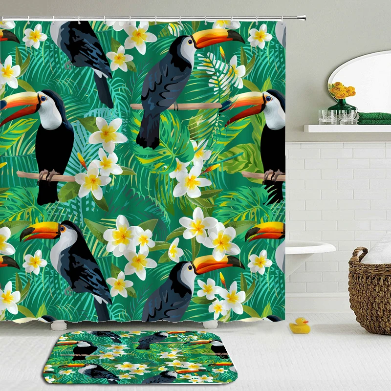 

Toucan Birds Flowers Bathroom Curtains Set Mat With Non-slip Floor Mat Waterproof Polyester Cloth Shower Curtains