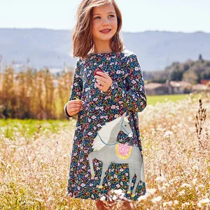 CENKIBEYRAплатье с цветами для девочек; Детское платье с длинными рукавами и рисунком лошади; Одежда для девочек; Осенний костюм платье с изображением животных