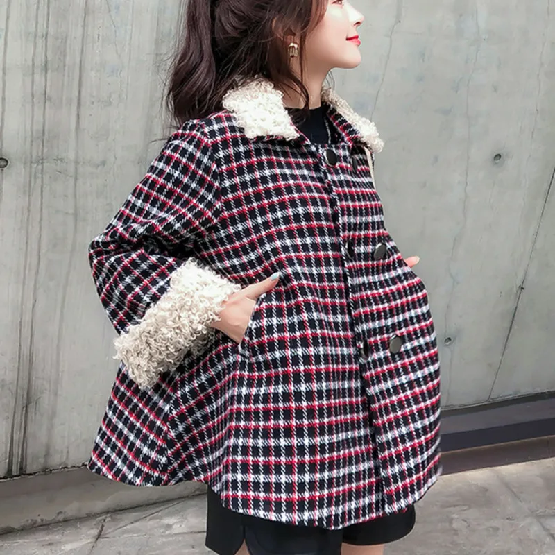 

Fashion Tide Autumn And Winter New Fashion Lapel Temperament Double-breasted Lamb Wool Plaid Woolen Coat Female PB752