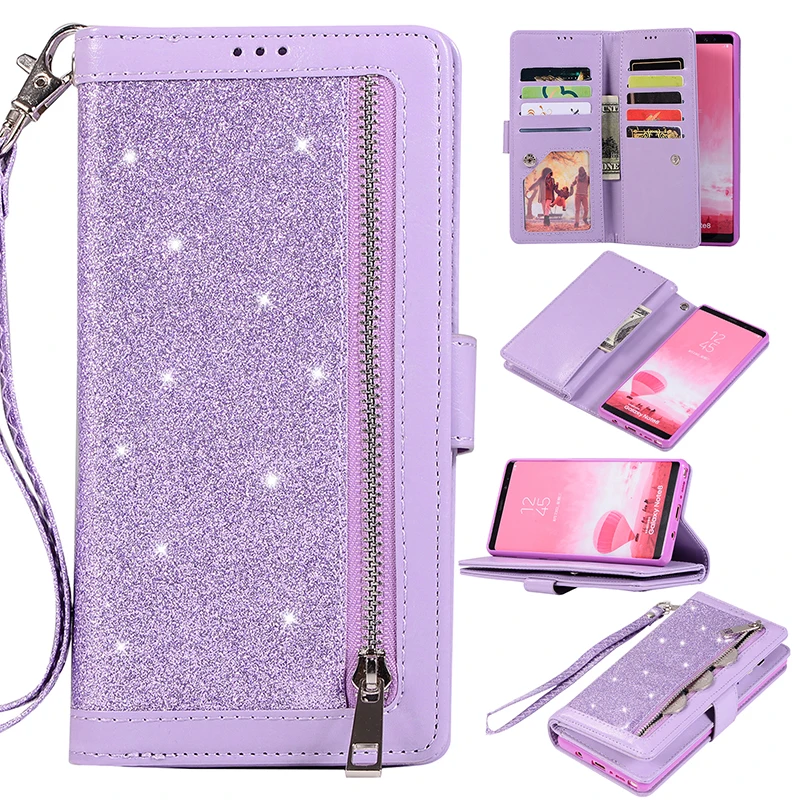 Блестящий кожаный чехол на молнии для телефона Samsung Note 10 Plus S8 S9 S10 откидной Чехол