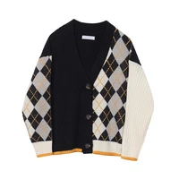 2022 vintage geometric rhombic cardigan sweater women autumn warm long sleeve outerwear elegant v neck chic patchwork knit tops