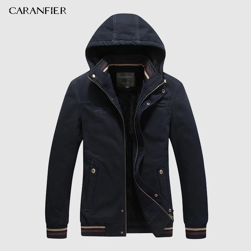 Синий CARANFIER Новая мужская внутренняя флисовая Толстая теплая зимняя куртка мужская брендовая одежда парки с капюшоном Пальто 5XL верхняя одежда jaqueta masculina - Цвет: Синий