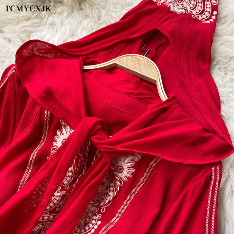 

Summer Dress Women's Hooded Red Long Dress Vintage Long Sleeve Embroidery Chiffon Dresses Female Vacation Beach Vestidos Mujer