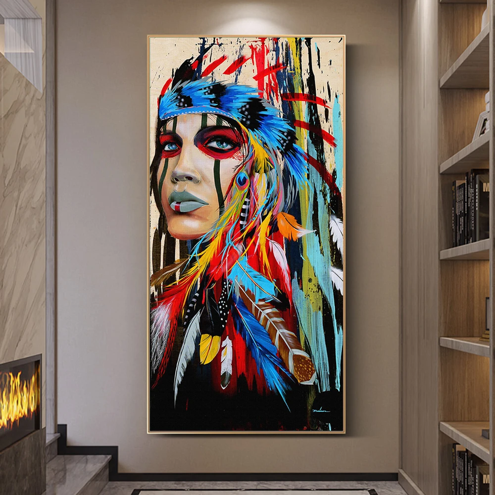 

Colorful Feather Indian Woman Canvas Paintings on the Wall Art Posters and Prints Woman Portrait Pictures Modern Home Room Decor