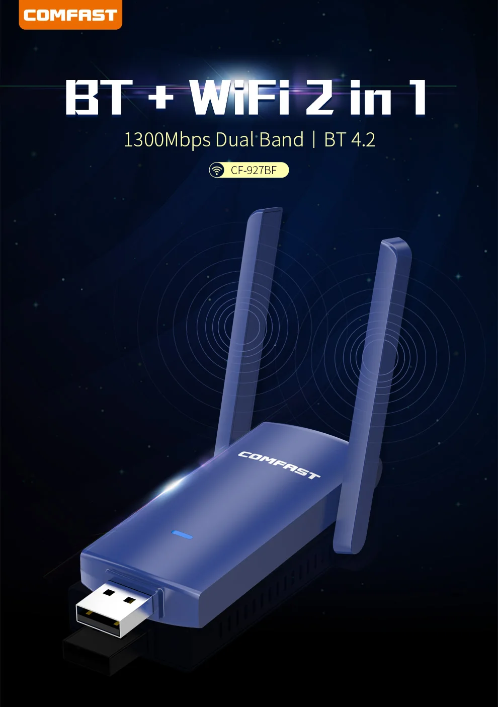 Comfast CF-927BF 1300 Мбит/с 5 ГГц BT 8 1 беспроводной USB адаптер Ethernet 2 * 3dbi антенна