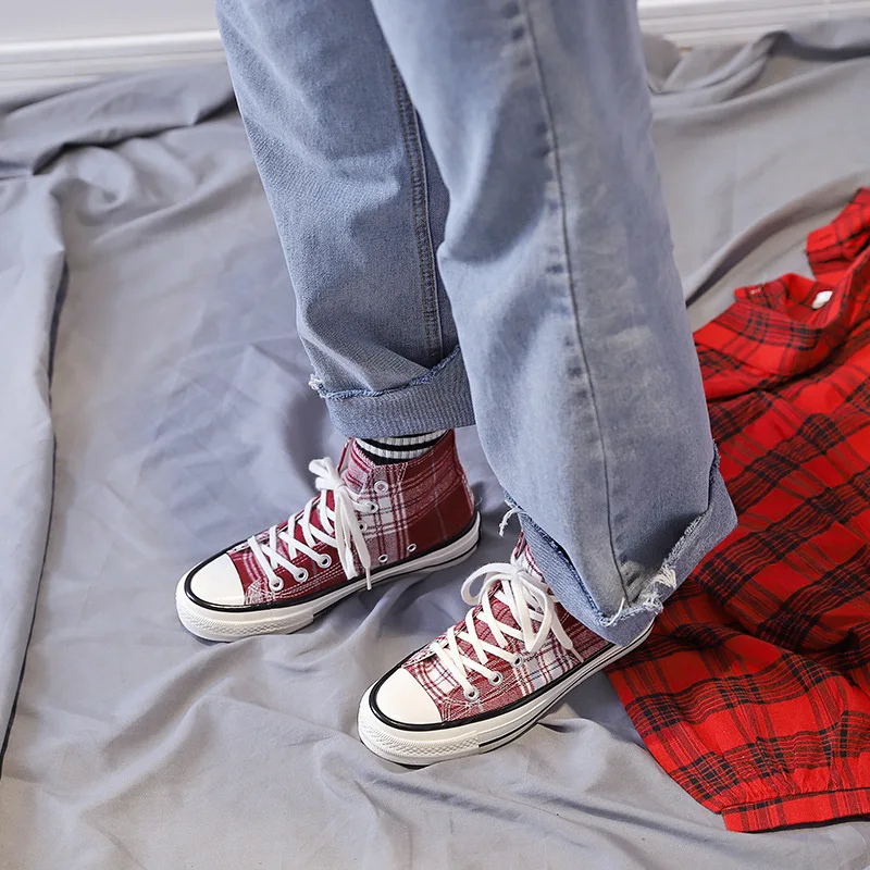 

Fashion New Men's Shoes Men's Vulcanized Shoes Classic Plaid High Canvas Shoes 2019 Unisex Casual Shoes Lightweight Sneakers