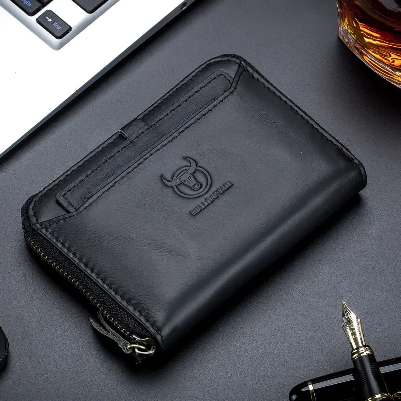 Black BULLCAPTAIN мужской кошелек RFID Противоугонный кожаный бумажник мужской кошелек на молнии кошелек для карт держатель для карт - Цвет: Black