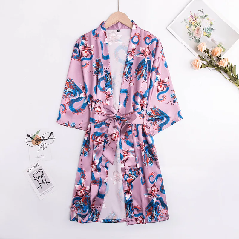 

Ice Silk pajamas women's summer silk nightgown women's summer bathrobe printed home clothes thin bath robe silk robes for women