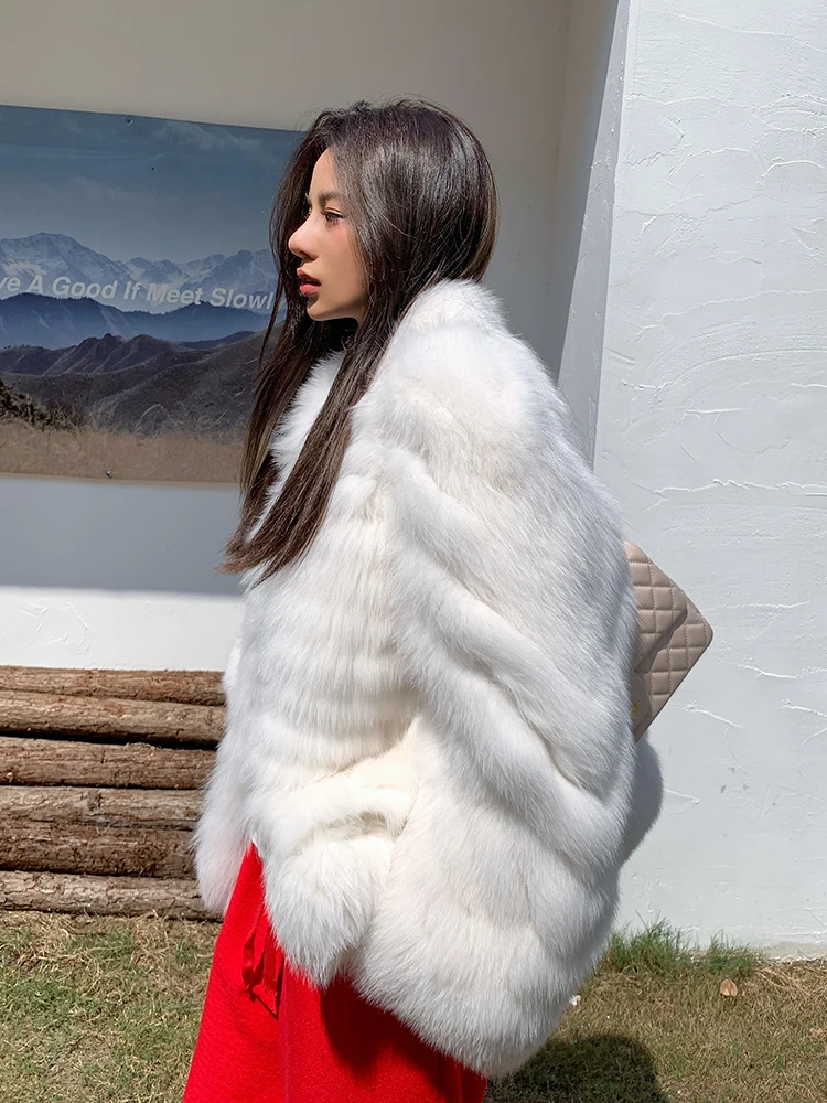 Fashion White Real Fox Fur Coat Stand Collar Winter New Whole Skin Genuine Fox Fur Jacket Luxury Woman Thick Warm Fur Overcoats