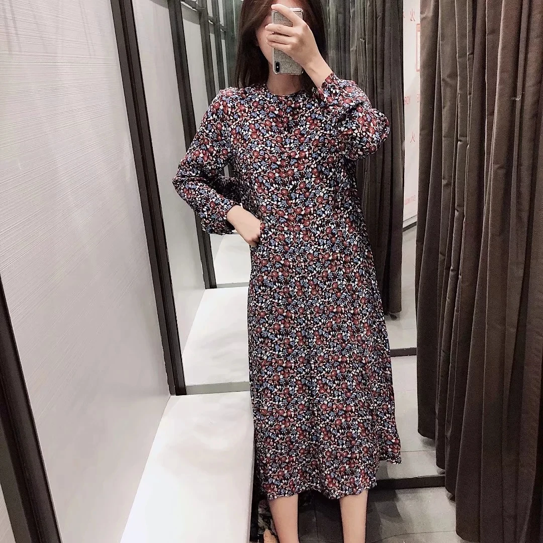 Осеннее элегантное платье миди с цветочным принтом женские длинные рукава