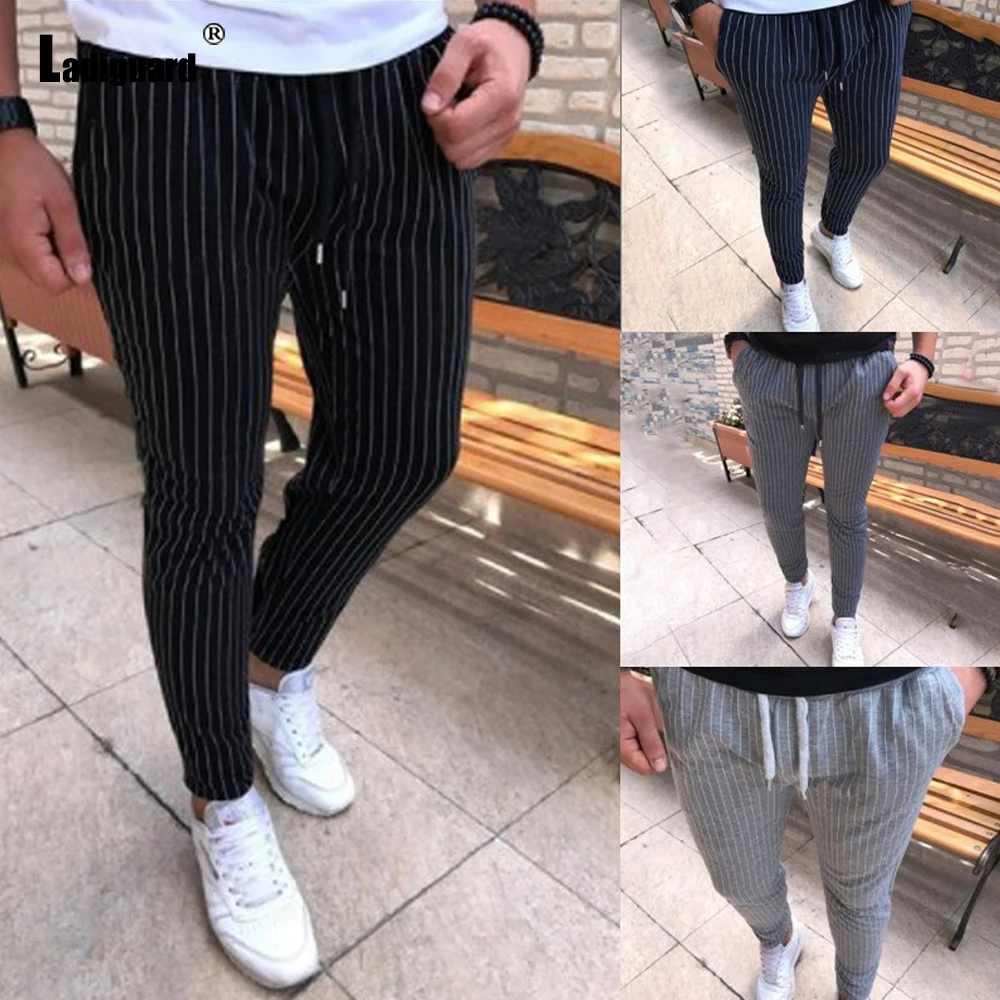 

Plus size 4xl 5xl Men Elegant Fashion Striped Pants Sexy Mens clothing 2021 Lace-up Bottoms Pant Office Man Pencil Trousers